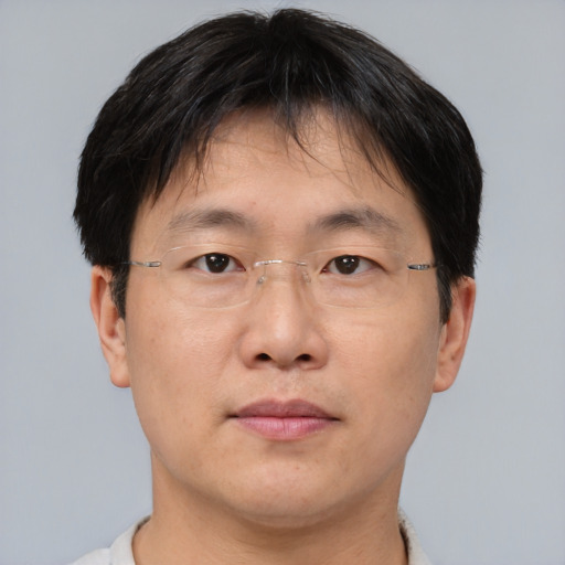 Neutral asian adult male with short  brown hair and brown eyes