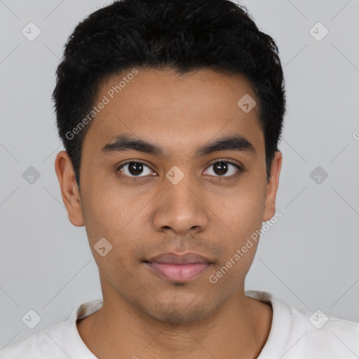 Neutral latino young-adult male with short  black hair and brown eyes