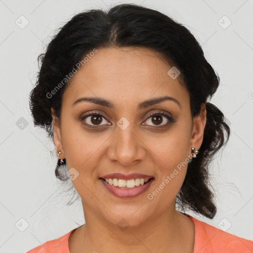 Joyful latino young-adult female with medium  brown hair and brown eyes