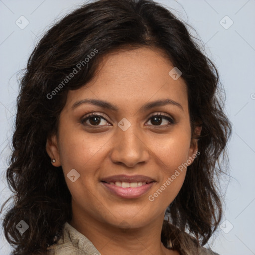 Joyful black young-adult female with medium  brown hair and brown eyes