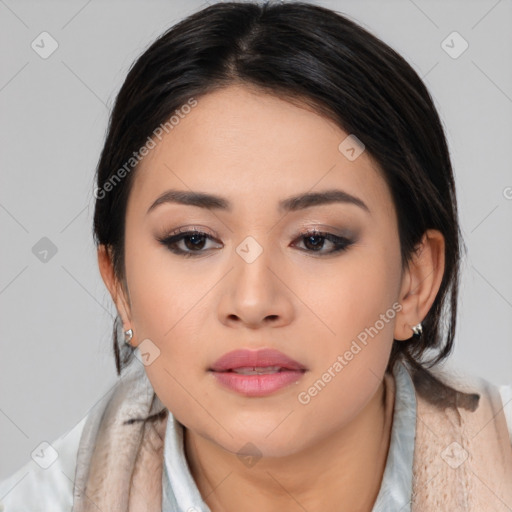 Neutral asian young-adult female with medium  black hair and brown eyes