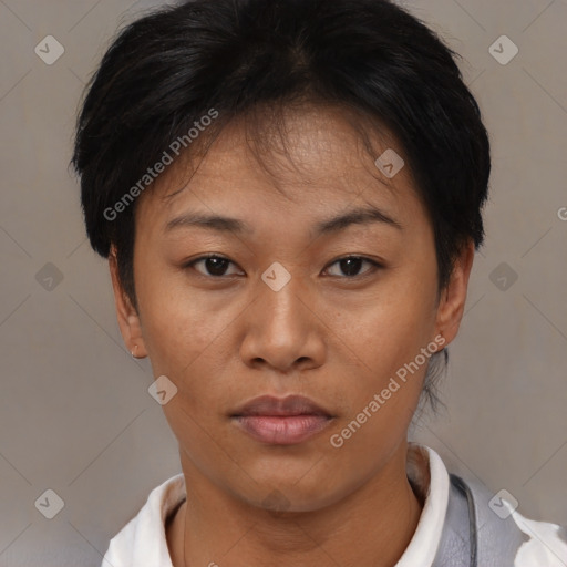 Neutral asian adult female with short  brown hair and brown eyes