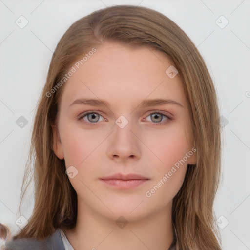 Neutral white young-adult female with long  brown hair and grey eyes