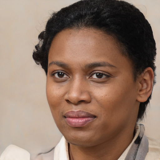 Joyful black young-adult female with short  brown hair and brown eyes