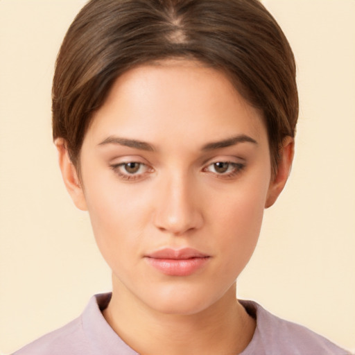 Neutral white young-adult female with short  brown hair and brown eyes