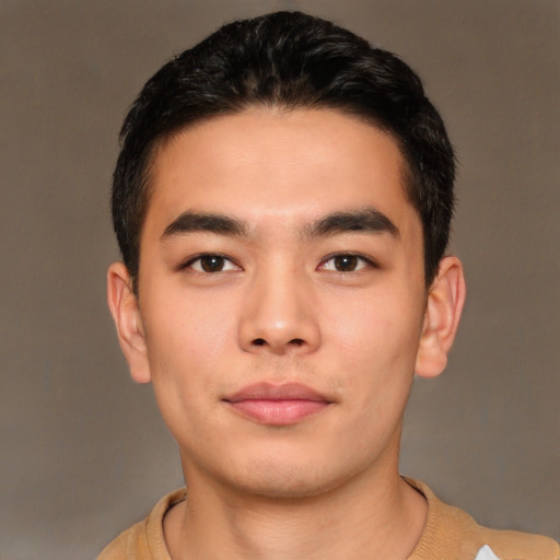 Neutral asian young-adult male with short  brown hair and brown eyes