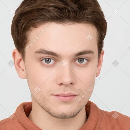 Neutral white young-adult male with short  brown hair and grey eyes