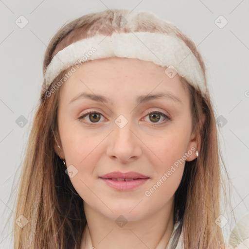 Joyful white young-adult female with long  brown hair and grey eyes