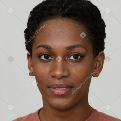 Neutral latino young-adult female with short  black hair and brown eyes