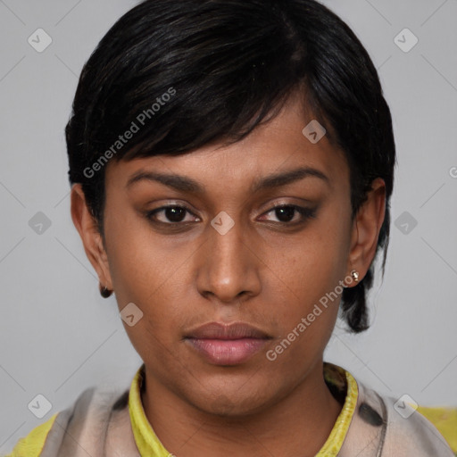 Neutral asian young-adult female with short  black hair and brown eyes