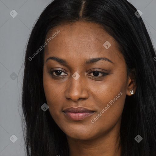 Joyful asian young-adult female with long  brown hair and brown eyes