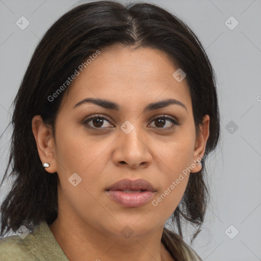 Joyful latino young-adult female with medium  brown hair and brown eyes