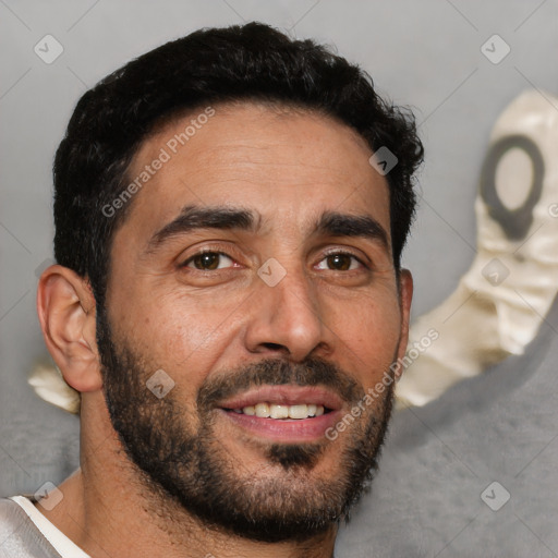 Joyful white young-adult male with short  black hair and brown eyes