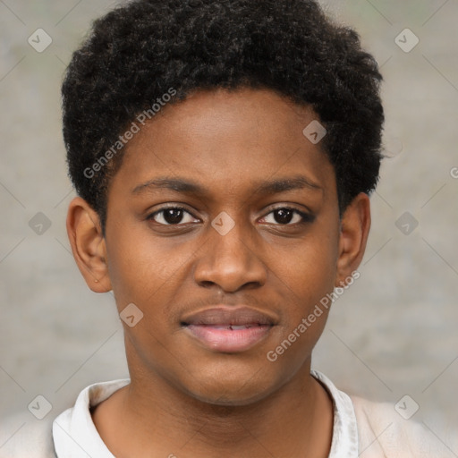 Joyful black young-adult male with short  brown hair and brown eyes