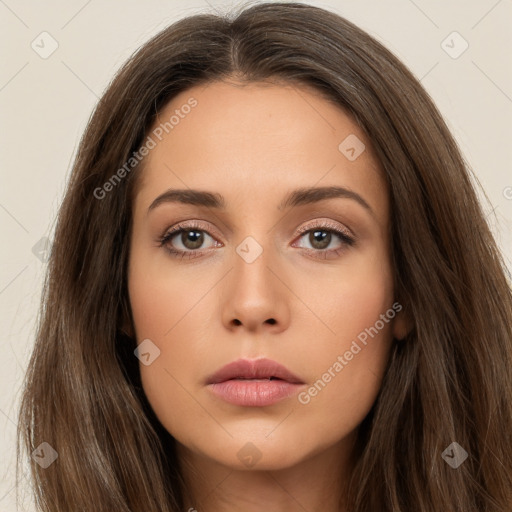 Neutral white young-adult female with long  brown hair and brown eyes