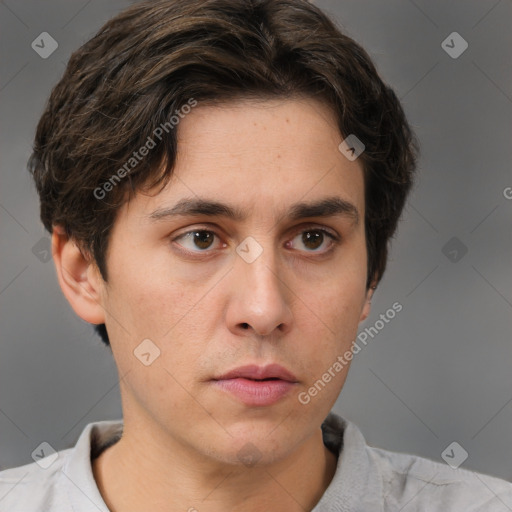 Neutral white young-adult male with short  brown hair and brown eyes