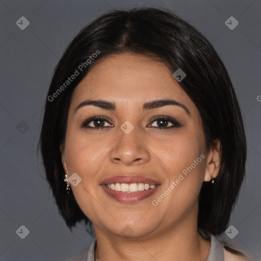 Joyful latino young-adult female with medium  brown hair and brown eyes