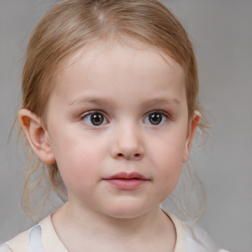 Neutral white child female with medium  brown hair and blue eyes