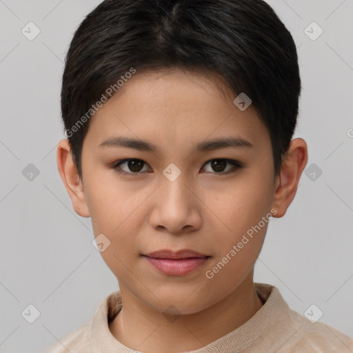 Neutral asian child female with short  brown hair and brown eyes