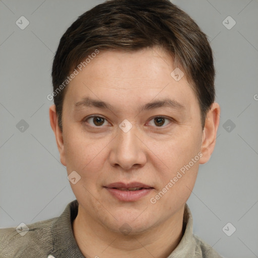 Joyful white adult male with short  brown hair and grey eyes