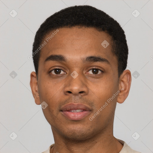 Neutral black young-adult male with short  black hair and brown eyes