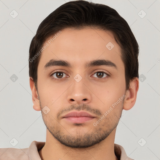 Neutral white young-adult male with short  brown hair and brown eyes