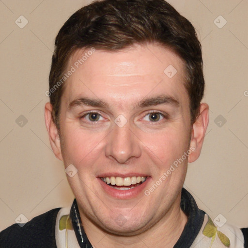 Joyful white adult male with short  brown hair and grey eyes