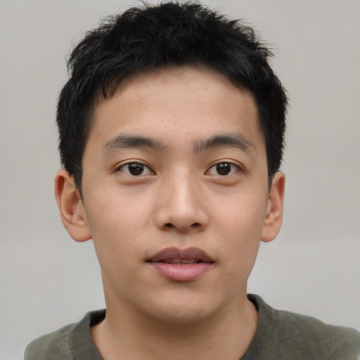 Neutral asian young-adult male with short  black hair and brown eyes