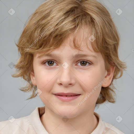 Joyful white child female with medium  brown hair and brown eyes