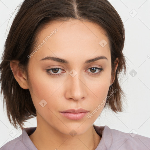 Neutral white young-adult female with medium  brown hair and brown eyes