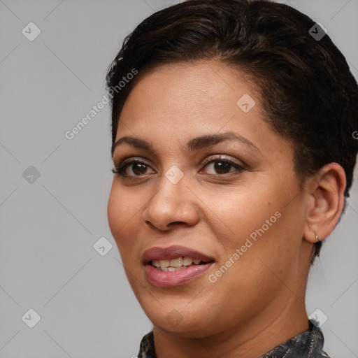 Joyful white young-adult female with medium  brown hair and brown eyes