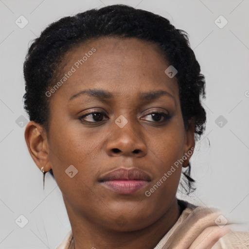 Neutral black young-adult female with short  brown hair and brown eyes