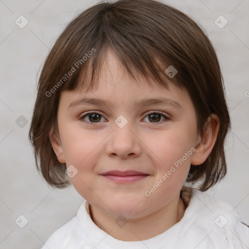 Joyful white child female with medium  brown hair and brown eyes