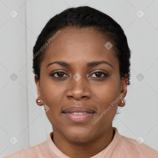 Joyful black young-adult female with short  black hair and brown eyes