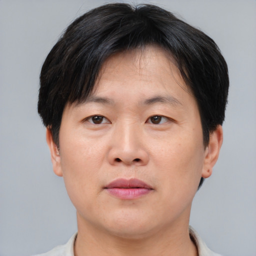 Joyful asian adult male with short  brown hair and brown eyes
