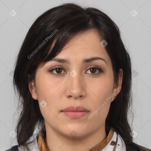 Neutral white young-adult female with medium  brown hair and brown eyes