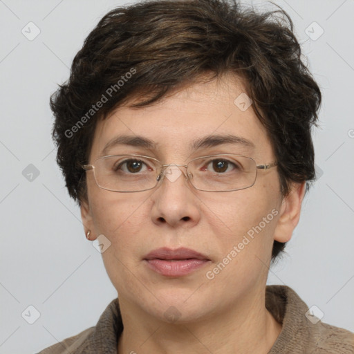 Joyful white adult female with short  brown hair and brown eyes