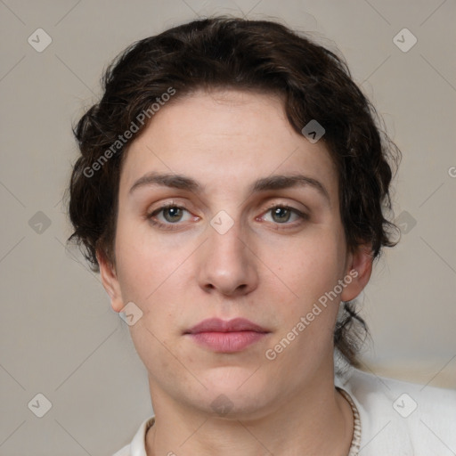 Neutral white young-adult female with short  brown hair and brown eyes