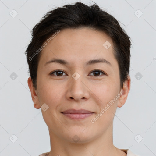 Joyful white young-adult female with short  brown hair and brown eyes