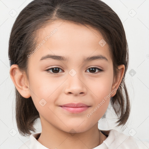 Joyful white child female with medium  brown hair and brown eyes