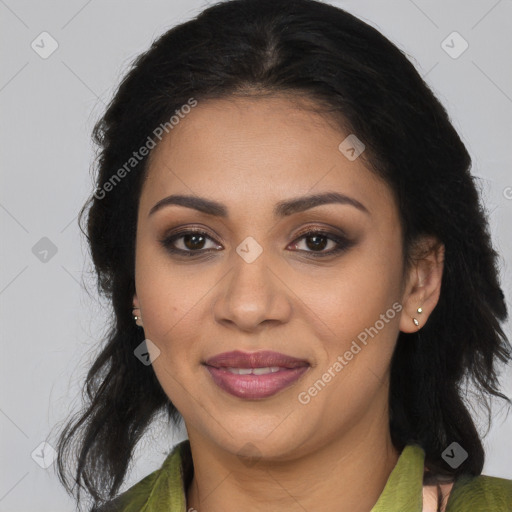 Joyful latino young-adult female with medium  brown hair and brown eyes