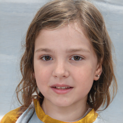 Joyful white child female with medium  brown hair and brown eyes