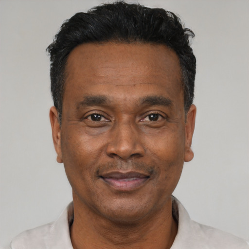Neutral black adult male with short  black hair and brown eyes