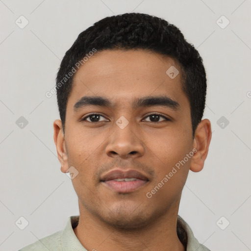 Neutral latino young-adult male with short  black hair and brown eyes