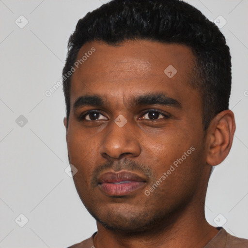 Neutral black young-adult male with short  black hair and brown eyes