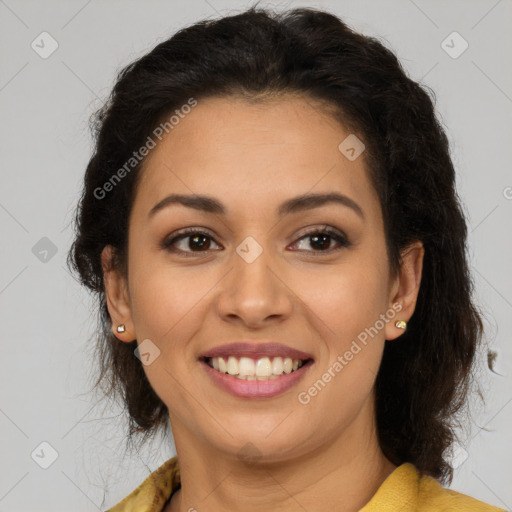 Joyful latino young-adult female with long  brown hair and brown eyes