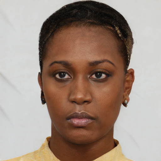 Neutral black young-adult female with short  brown hair and brown eyes