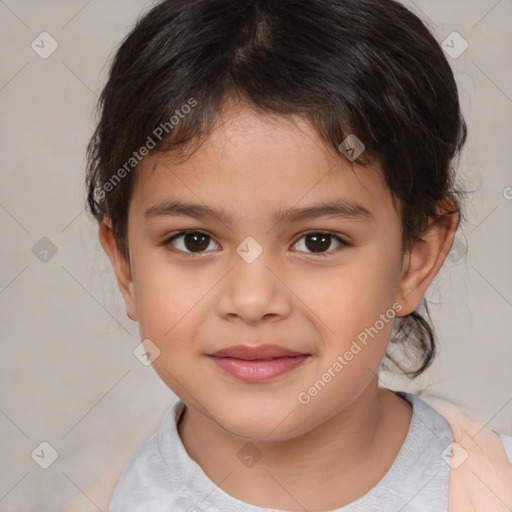 Joyful white child female with medium  brown hair and brown eyes