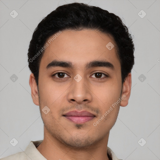 Neutral latino young-adult male with short  black hair and brown eyes