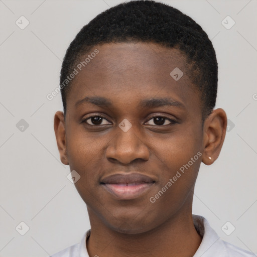 Joyful black young-adult male with short  brown hair and brown eyes